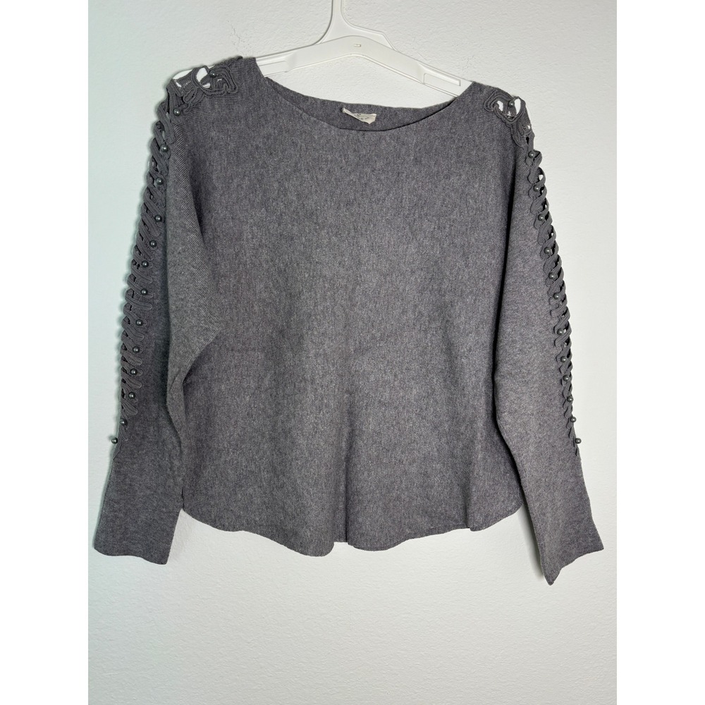 Ember Gray Knit Sweater XL Lattice Cut Out Beaded Sleeve Boat Neck Pullover